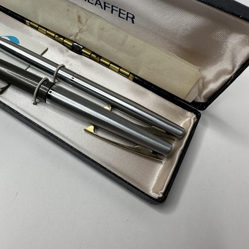 Vintage Sheaffer Silver Fountain Pen & Ballpoint Pen Set W Case Made In USA - Picture 3 of 11